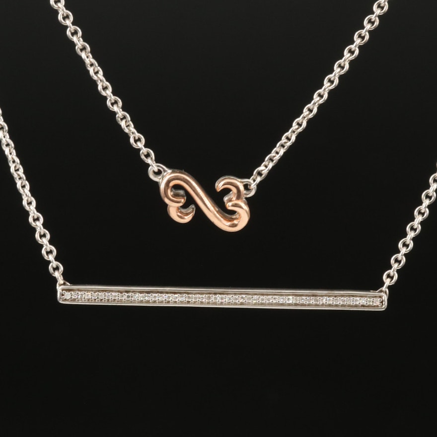 Sterling Diamond and Open Heart Necklace with 10K Rose Gold Accents