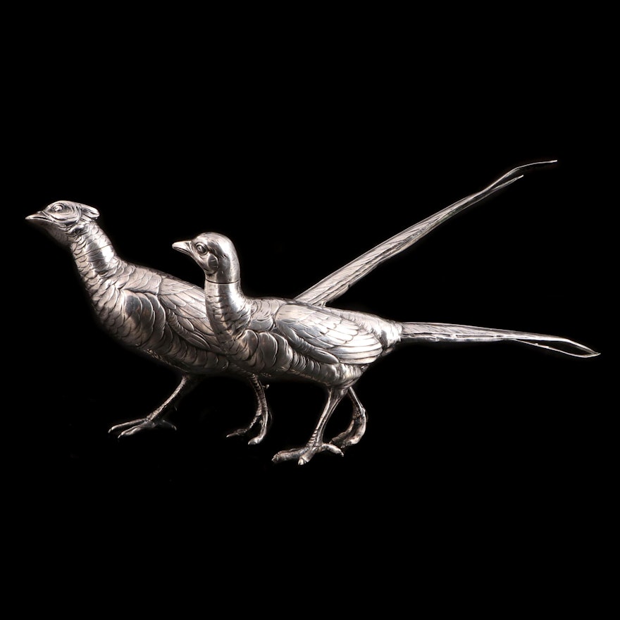 Pair of German 800 Silver Figural Pheasants, Early 20th Century