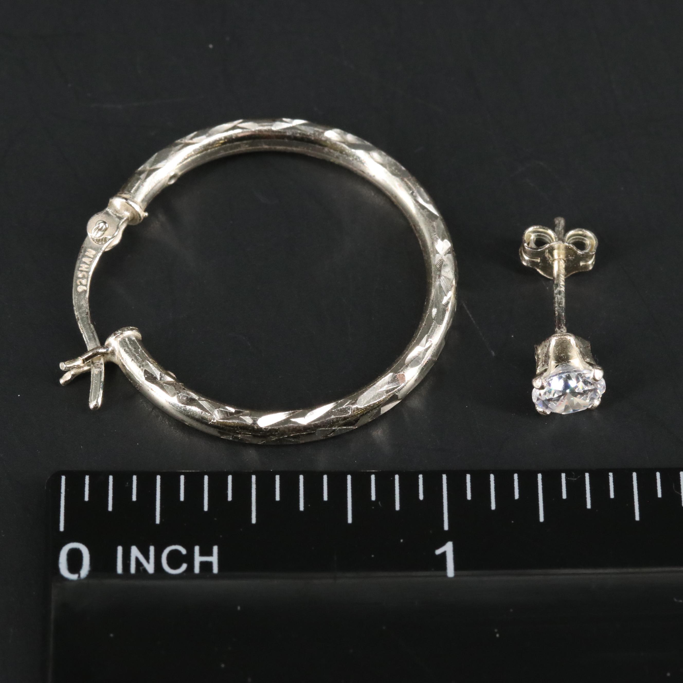 Sterling Diamond Stud and Hoop Earrings Set EBTH