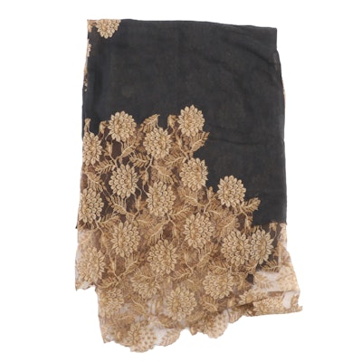 Tulle Lace Embellished Shawl Scarf in Black Wool/Silk Blend