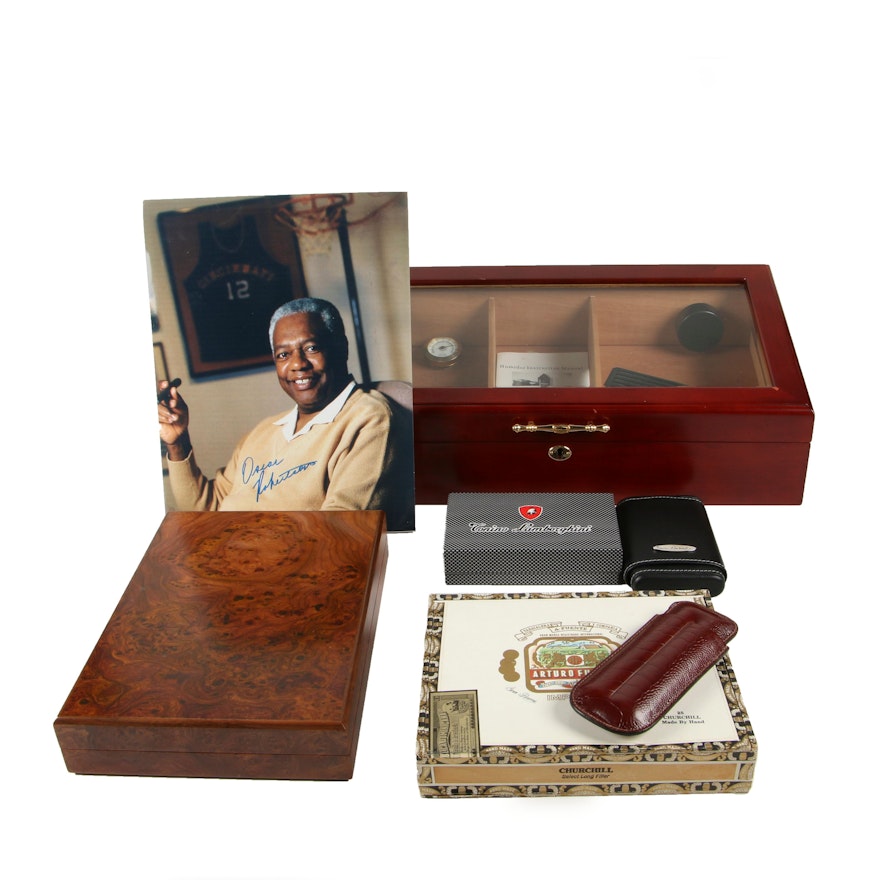 Signed Oscar Robertson Photograph, Tabletop Cigar Humidor and Cigar Cases