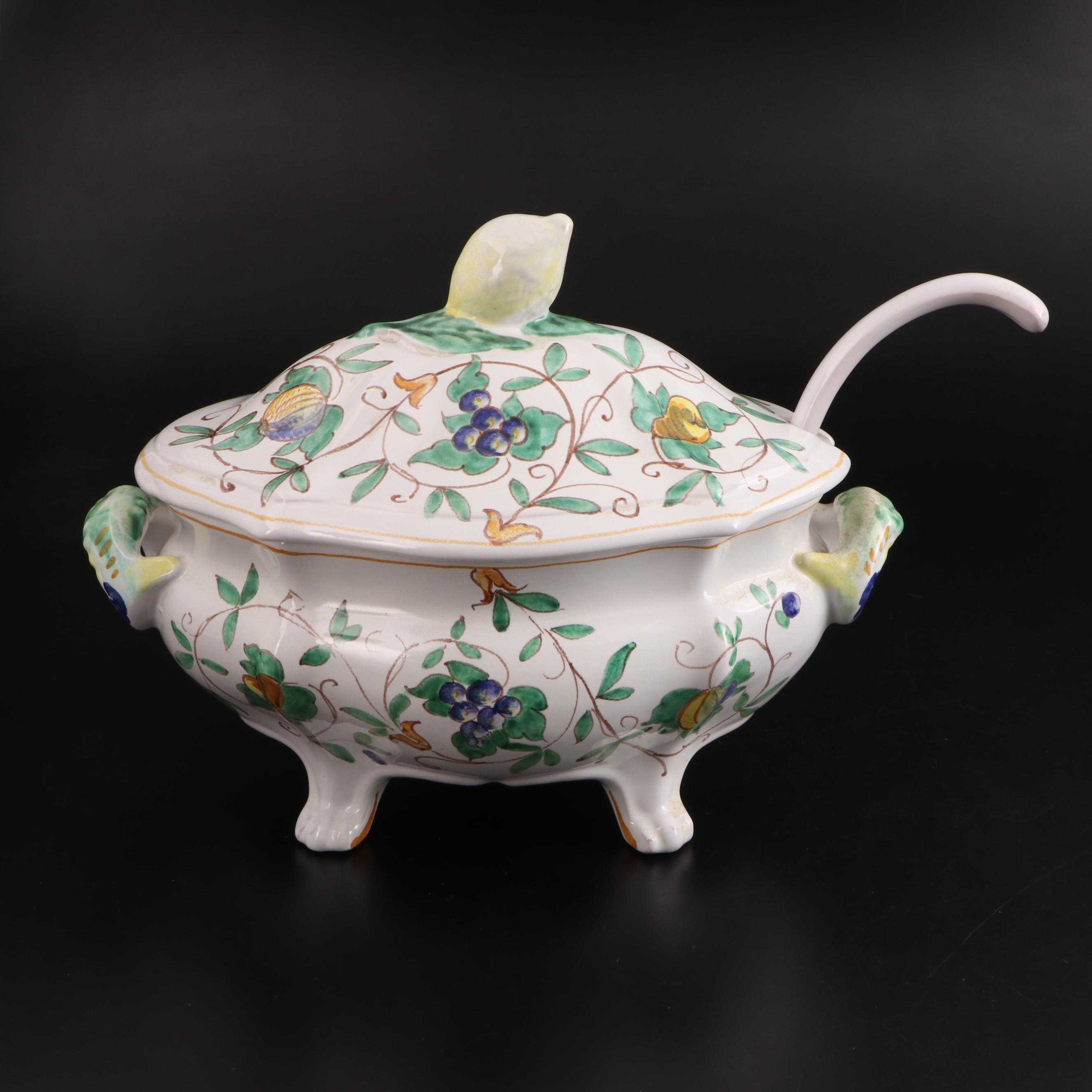 Cantagalli Majolica Lidded Soup Tureen with Ladle, Mid to Late 20th