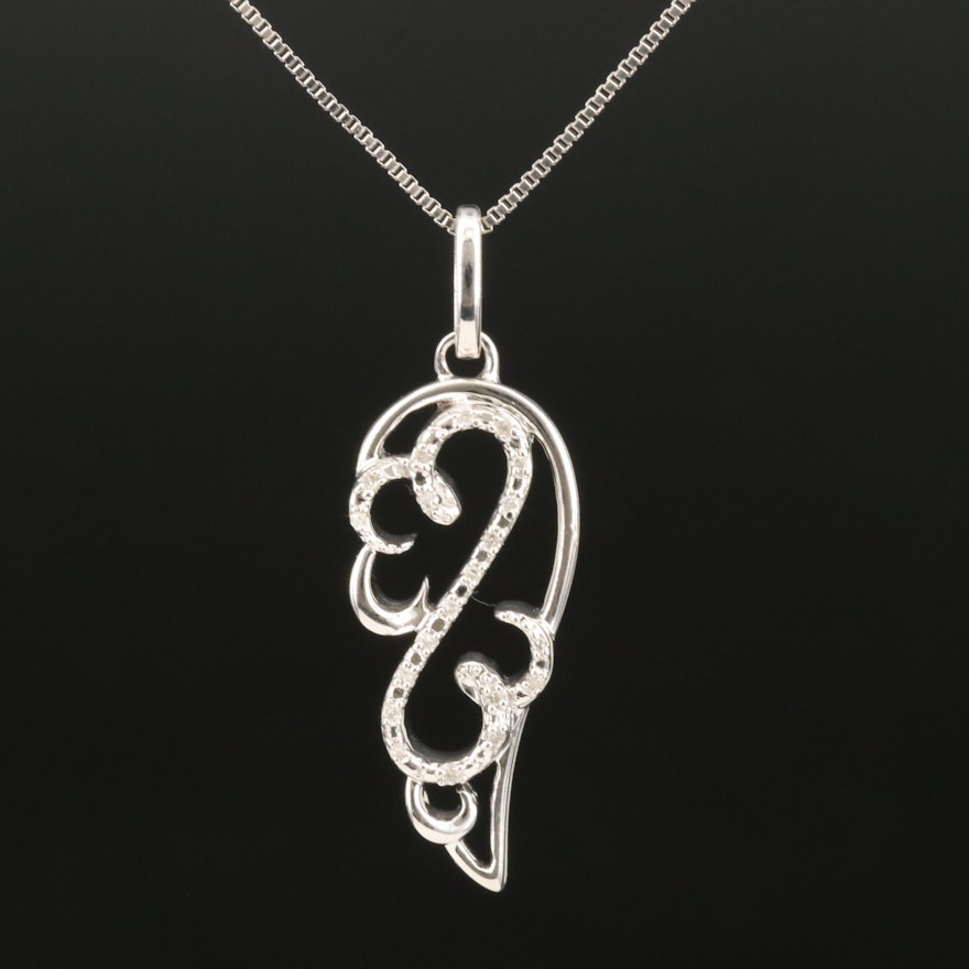 Sterling Diamond Open Heart Wing Pendant Necklace