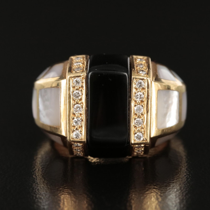 18K Black Onyx, Mother-of-Pearl and Diamond Ring