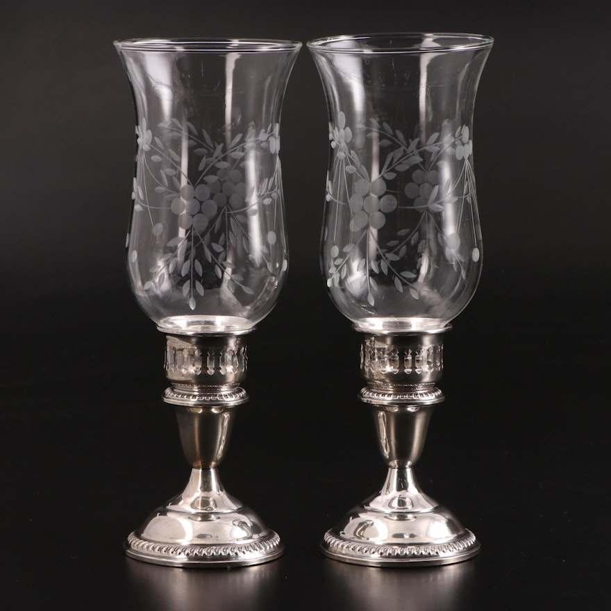 Empire Sterling Silver Candleholders with Etched Glass Hurricane Shades
