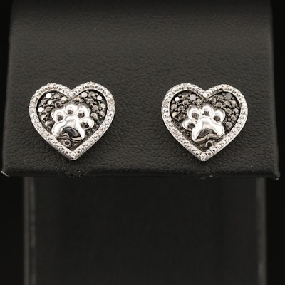 Sterling Lab Grown Diamond Heart and Paw Print Earrings