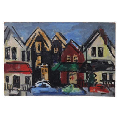 R. Maxwell Oil Painting of Residential City Street, Late 20th Century