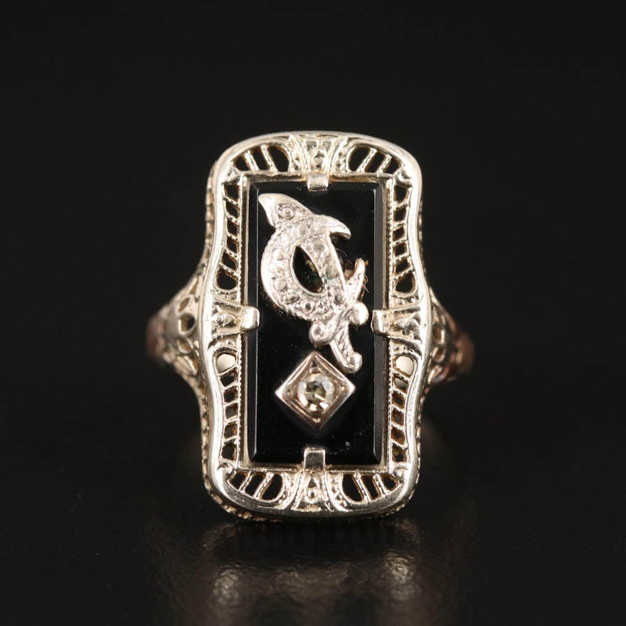 Vintage 14K and 10K Diamond and Black Onyx Shriner's Ring