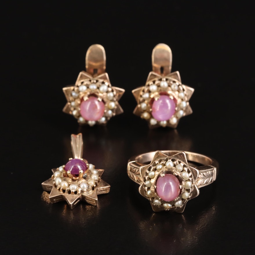 Antique 9K Gold Star Sapphire, Star Ruby and Seed Pearl Jewelry
