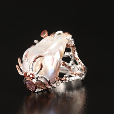 Sterling Biomorphic Sea Creature Ring Including Pearl, Topaz and Garnet