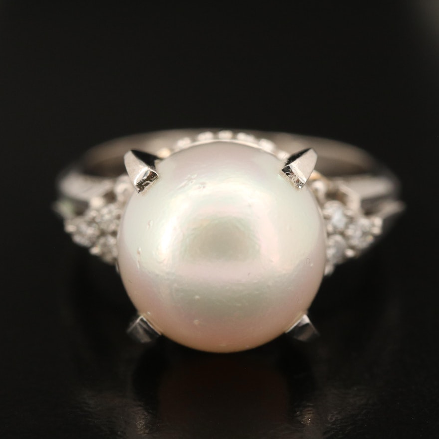 Platinum 12.30 mm Pearl and Diamond Ring