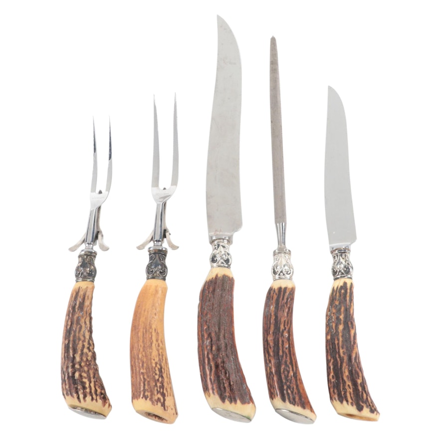 Northampton Five-Piece Sterling and Stainless Carving Set with Antler Handles