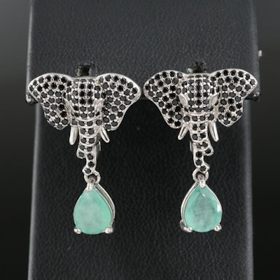 Sterling Cubic Zirconia Elephant Earrings with Emerald Drops