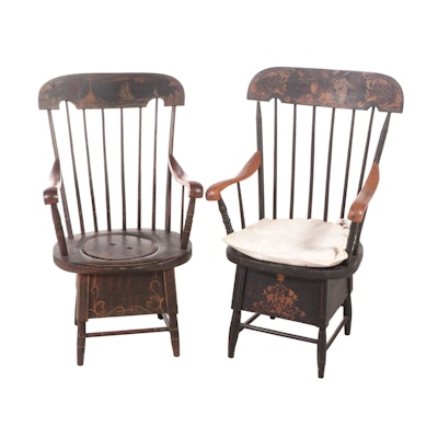 American "Fancy" Stencil Decorated Commode Armchairs, 19th Century