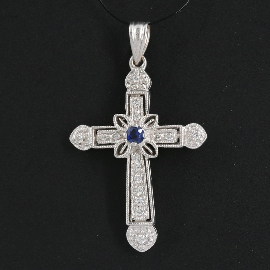 14K Sapphire and Diamond Cross Pendant with Milgrain Trim