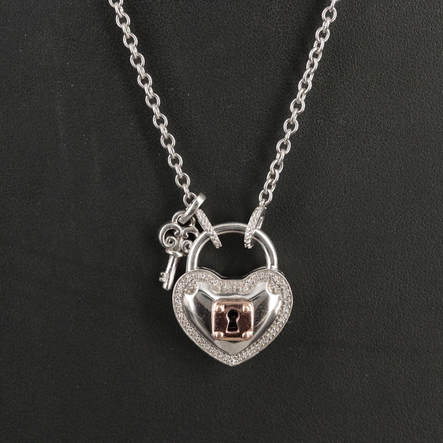 Sterling Diamond Heart Lock with Key Pendant Necklace
