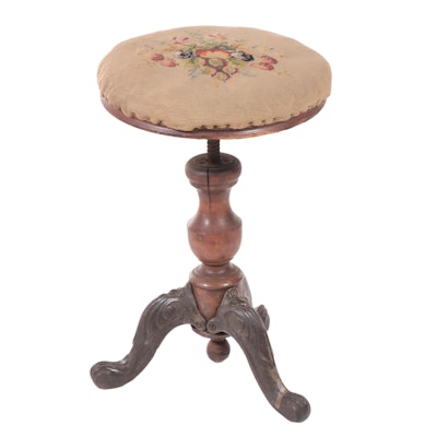 Victorian Iron and Wood Piano Stool with Needlepoint Cover, Circa 1900