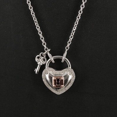 Sterling Diamond Lock and Key Necklace with 10K Rose Gold Accent