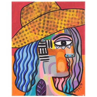 Michel Blázquez Acrylic Painting "Woman With Yellow Hat," 2023
