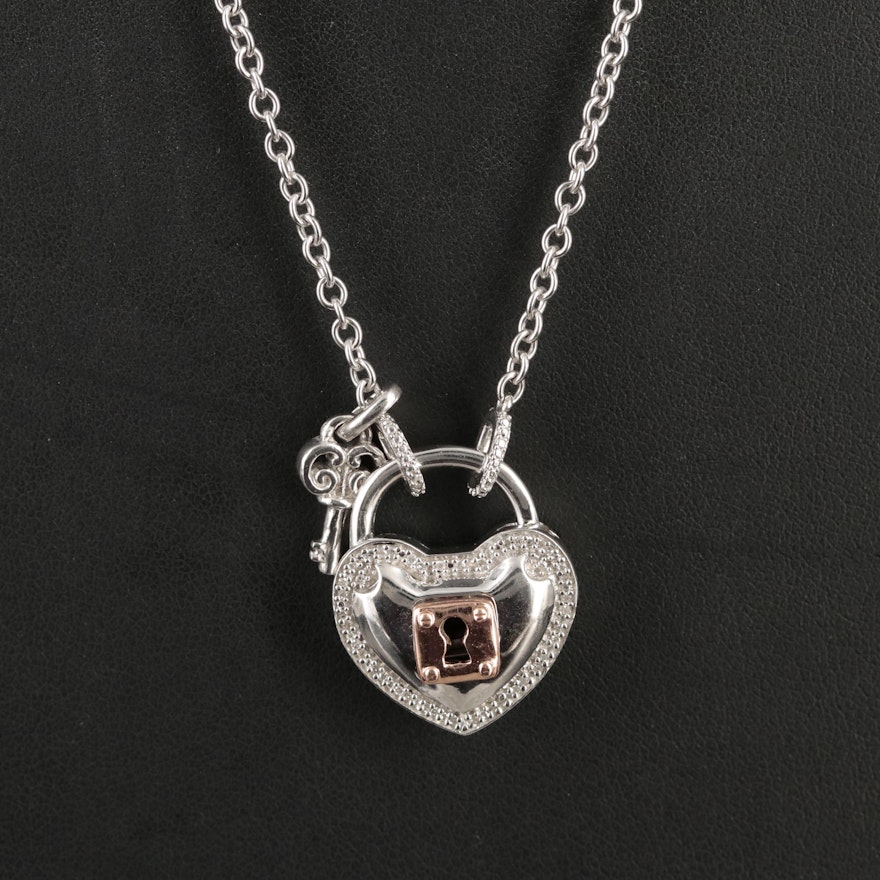 Sterling Diamond Heart Lock and Key Necklace with 10K Rose Gold Accents