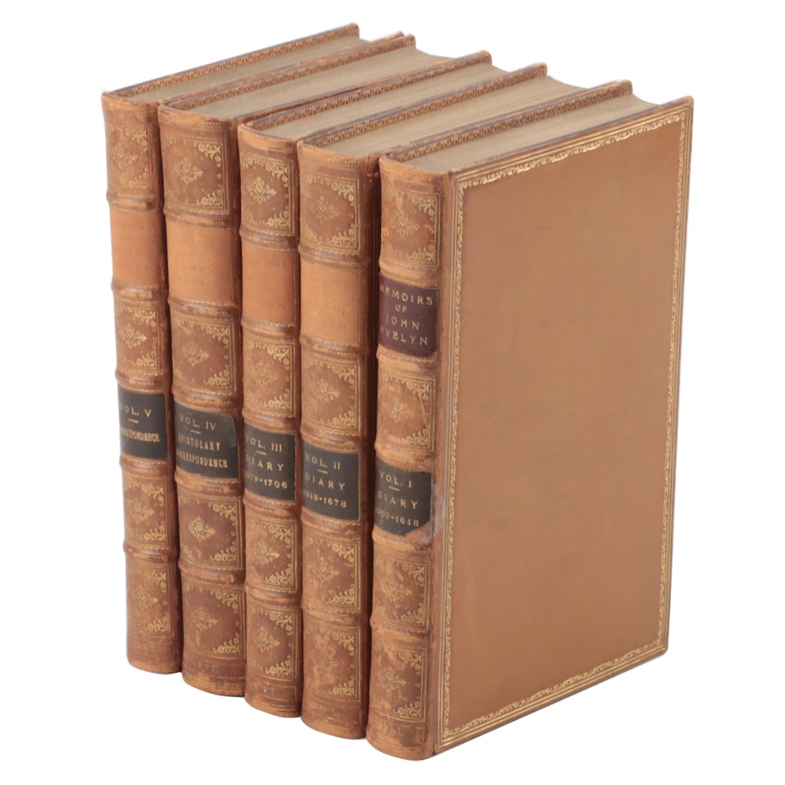 "Memoirs of John Evelyn" Complete Five-Volume Set Edited by William Bray, 1827