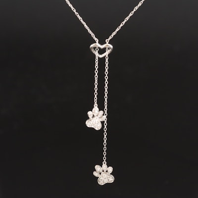 Sterling Diamond Paw Print and Heart Necklace