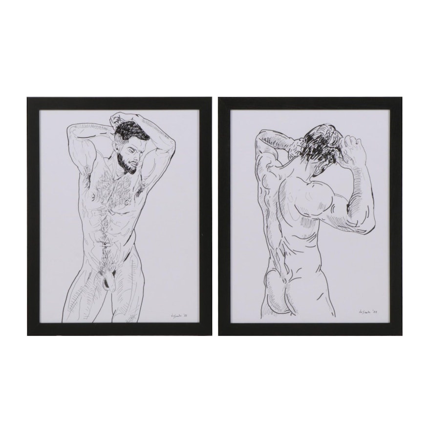 deSanto Figural Acrylic Ink Drawings of Male Nude Model, 2022