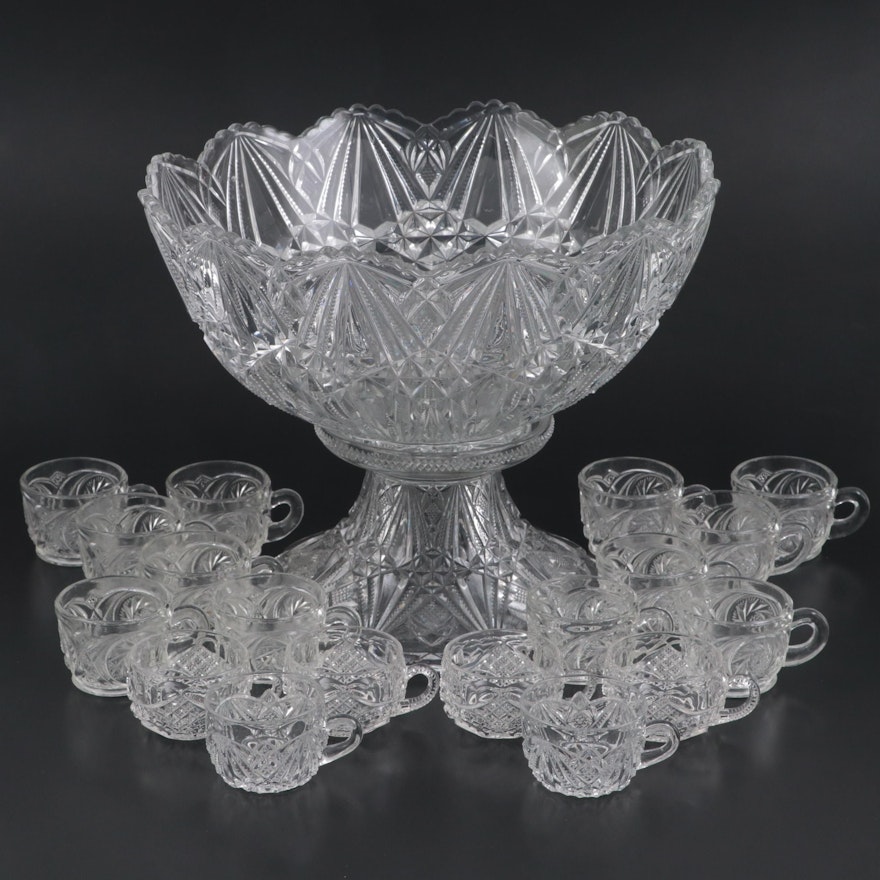Co-Operative Flint EAPG Punch Bowl, Stand and Cups, Late 19th/ Early 20th C.