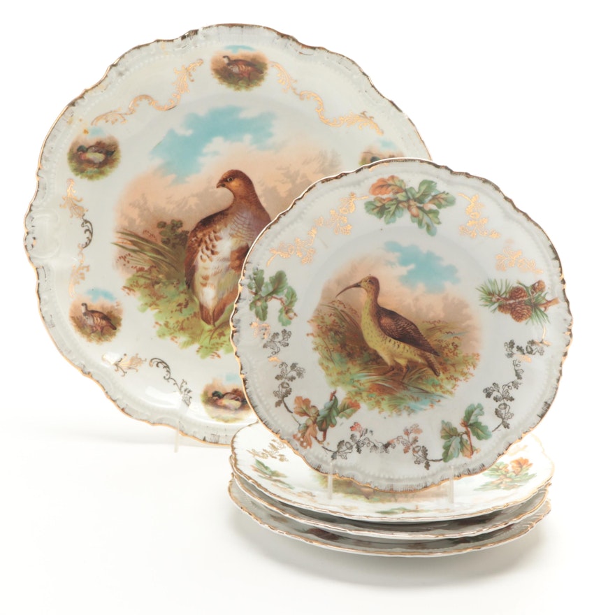 Moschendorf Porcelain Bird Motif Plates and Serving Bowl, Late 19th / Early 20th