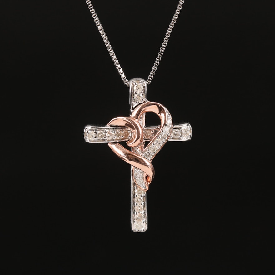Sterling Diamond Cross and Heart Pendant Necklace