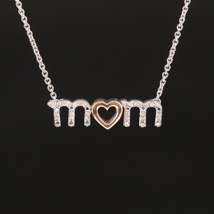 Sterling Diamond "Mom" Necklace with 10K Rose Gold Accents