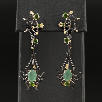 Sterling Emerald and Diopside Spider Earrings