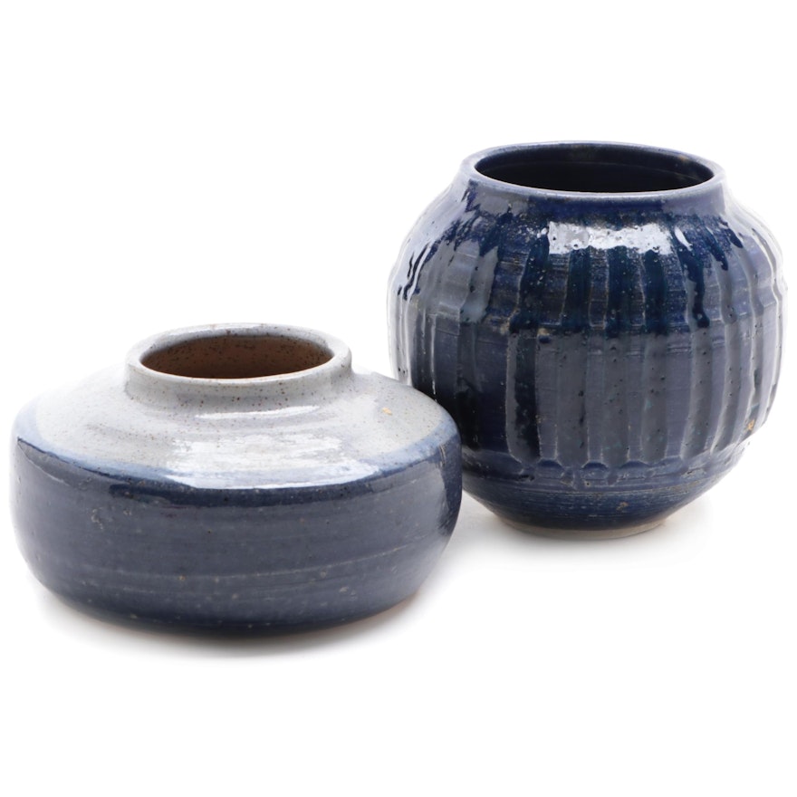 Two Studio Pottery Bowl Vases in Blue Glaze