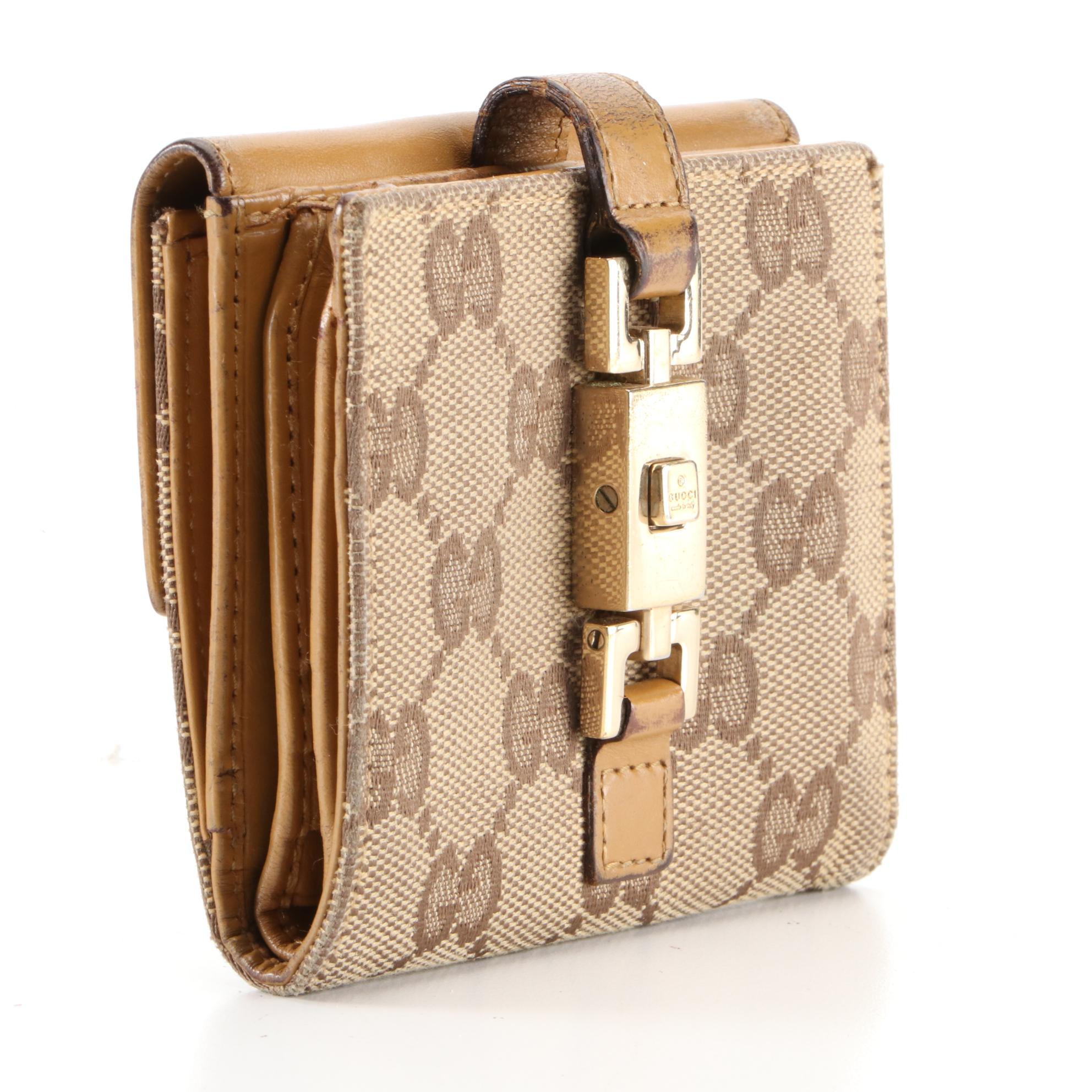 Gucci Piston Lock Compact Wallet in GG Canvas and Leather with Box EBTH