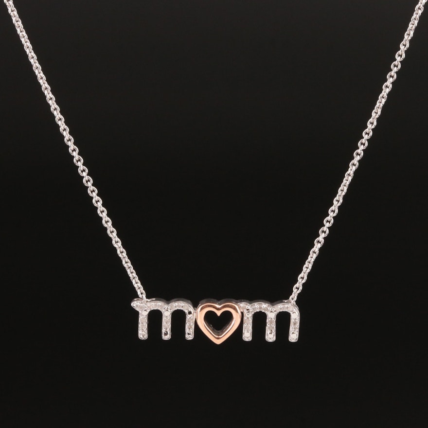 Sterling Diamond Mom Heart Necklace with 10K Rose Gold Accent