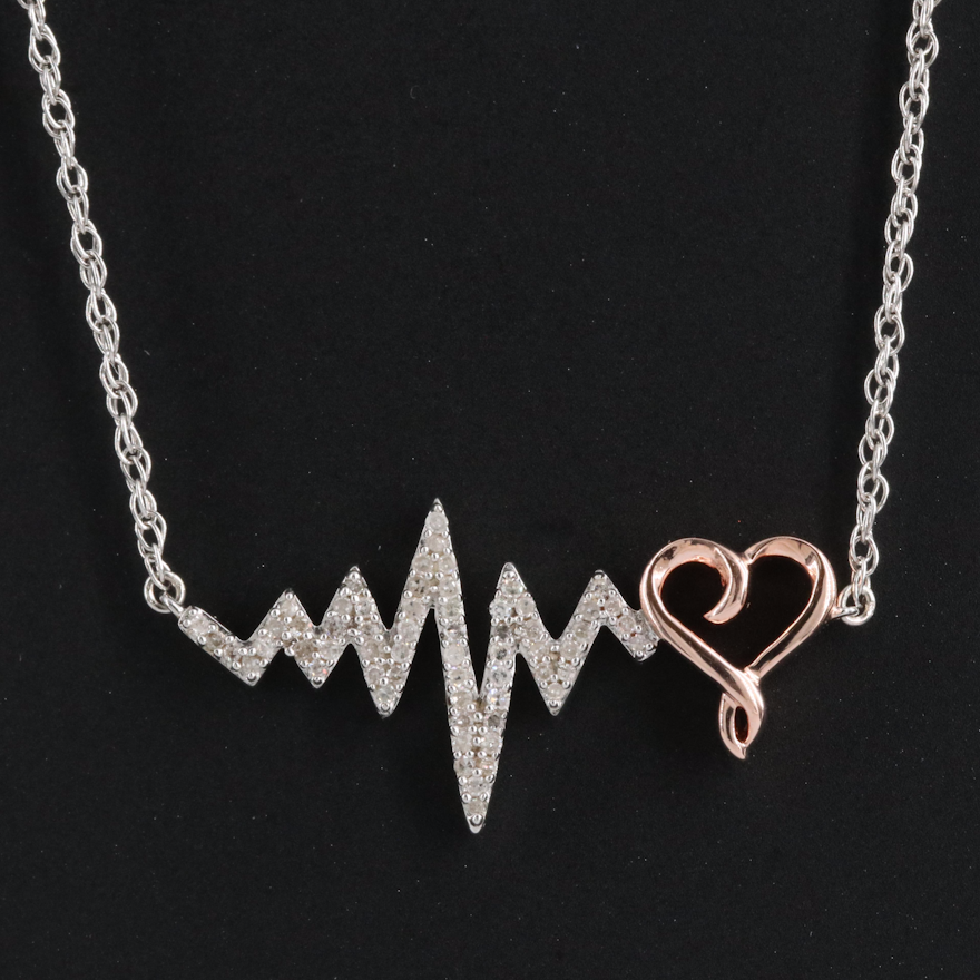 Sterling Diamond Heart Beat and Heart Necklace