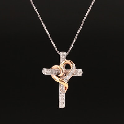 Sterling Diamond Cross with Heart Pendant Necklace