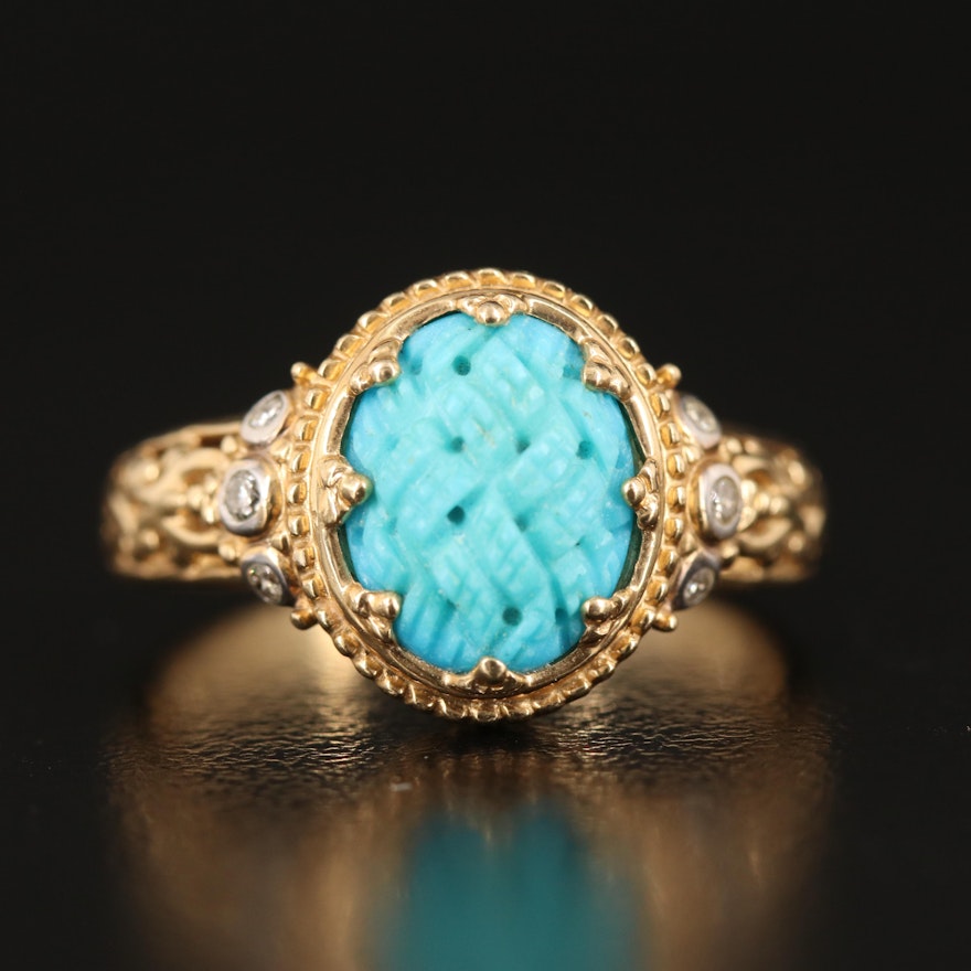 14K Carved Turquoise and Diamond Ring