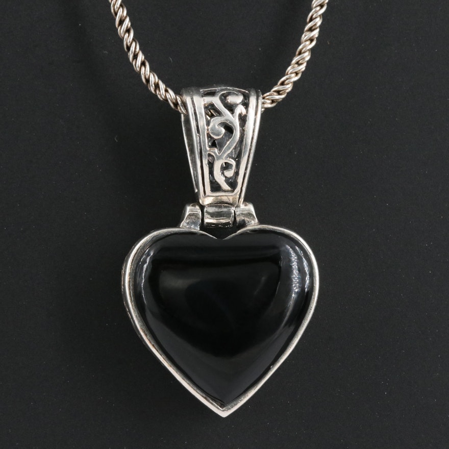 Sterling Black Onyx Heart Reversible Pendant Necklace