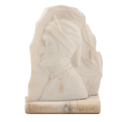 Carved Alabaster Bookend with Dante Bust, Early 20th Century