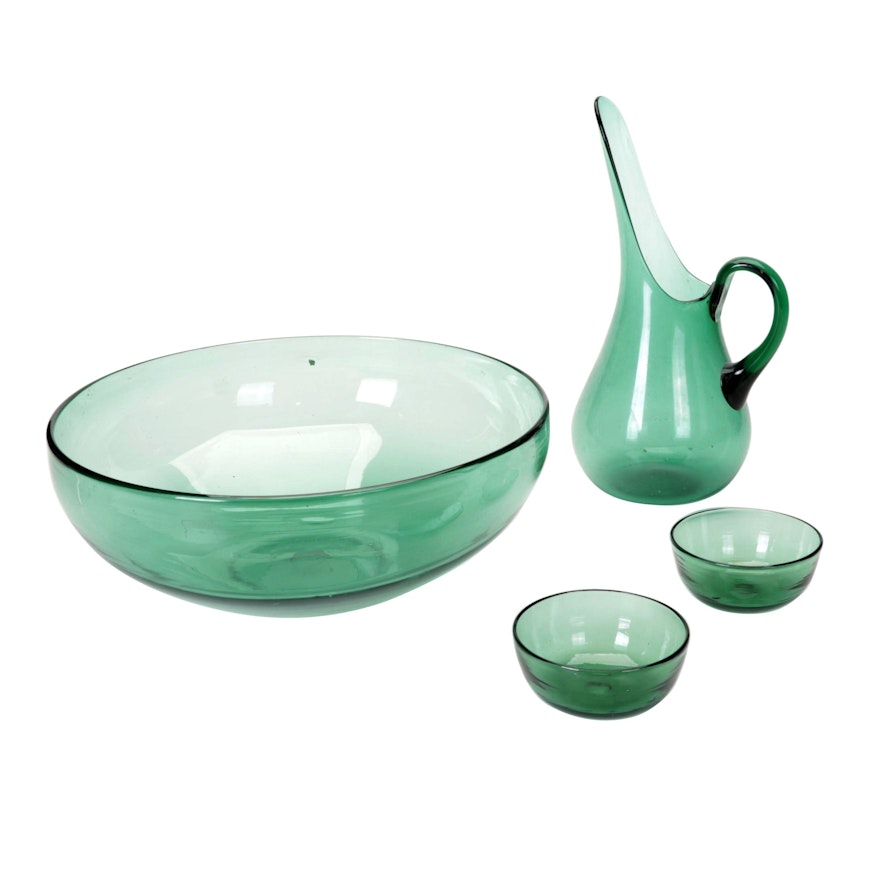 Viking Green Blown Glass Bowls and Swung Pitcher, Mid-20th Century