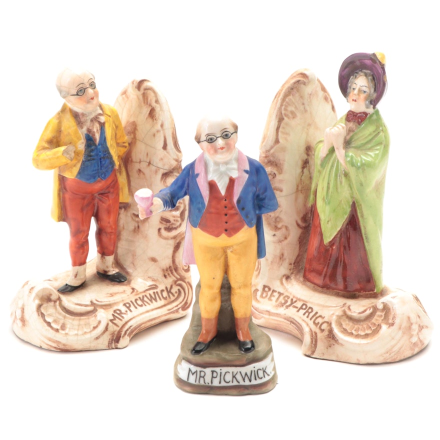 Mr. Pickwick and Betsy Prigg Ceramic Bookends with Figurine, Mid-Late 20th C.