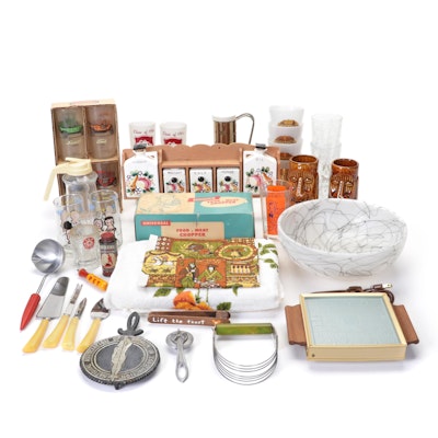 Vinegar, Oil, and Spice Rack with Food & Meat Chopper, Glass Tumblers, & More