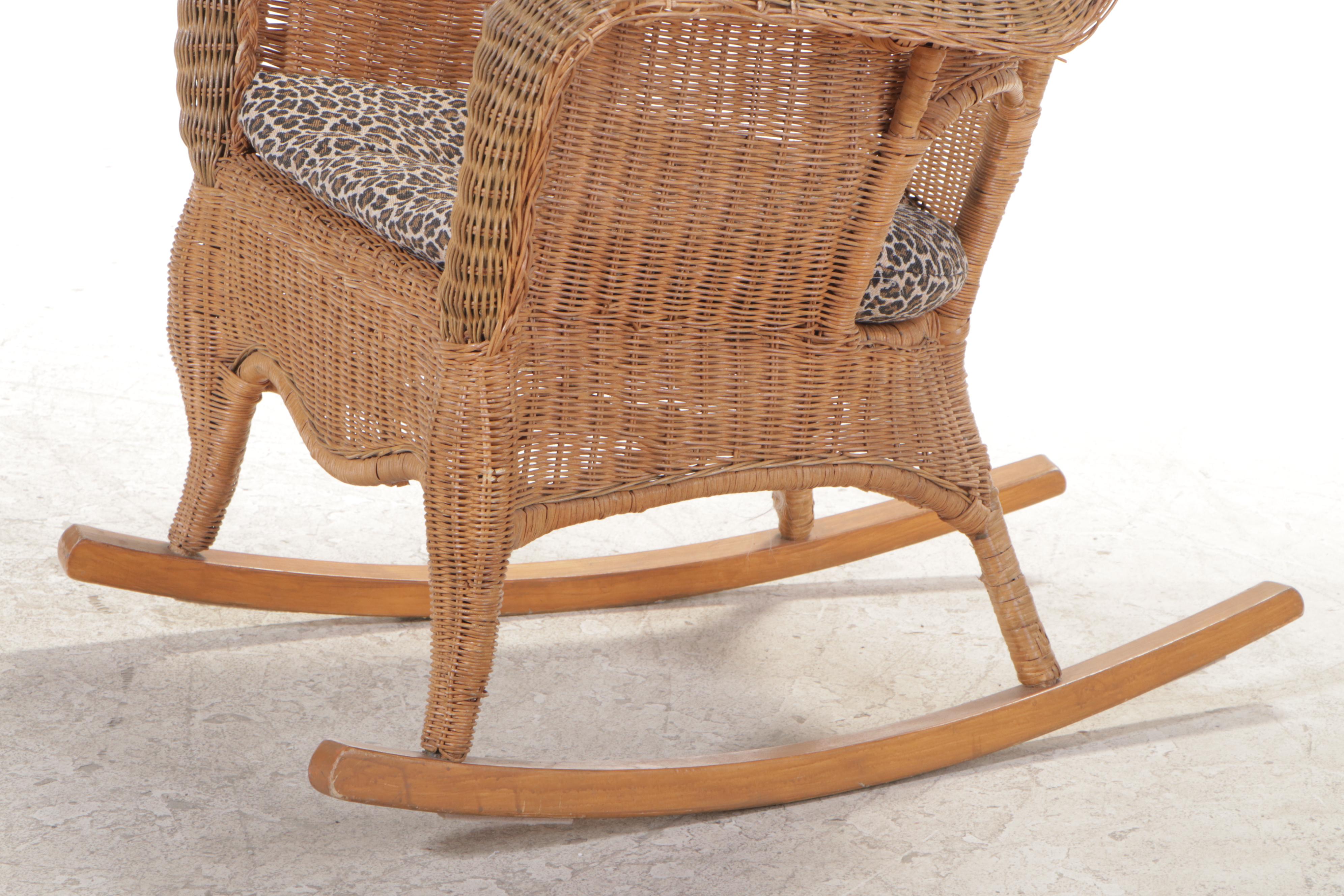 Victorian Style Wicker, Rattan, and Hardwood Rocker, Late 20th Century