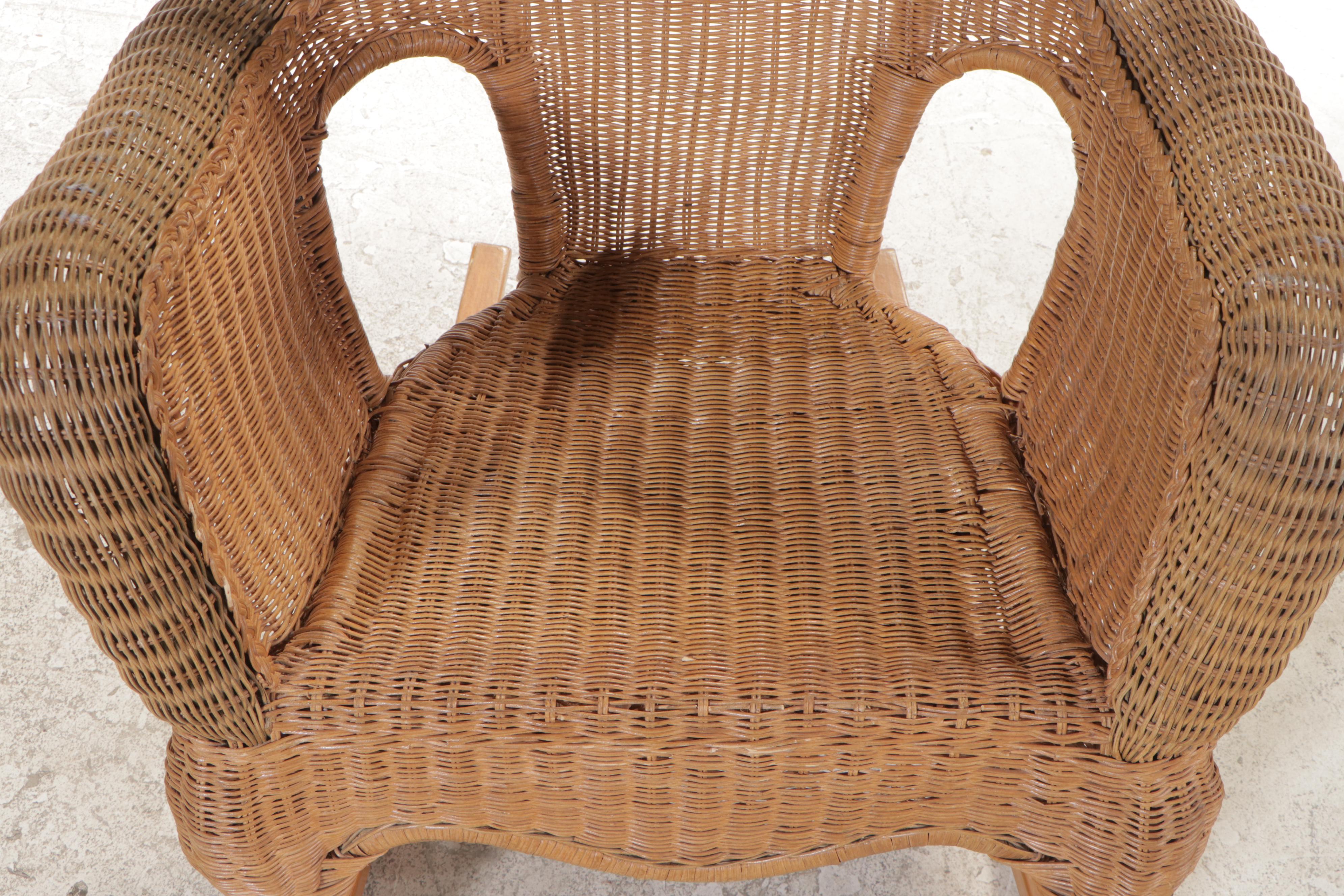 Victorian Style Wicker, Rattan, and Hardwood Rocker, Late 20th Century