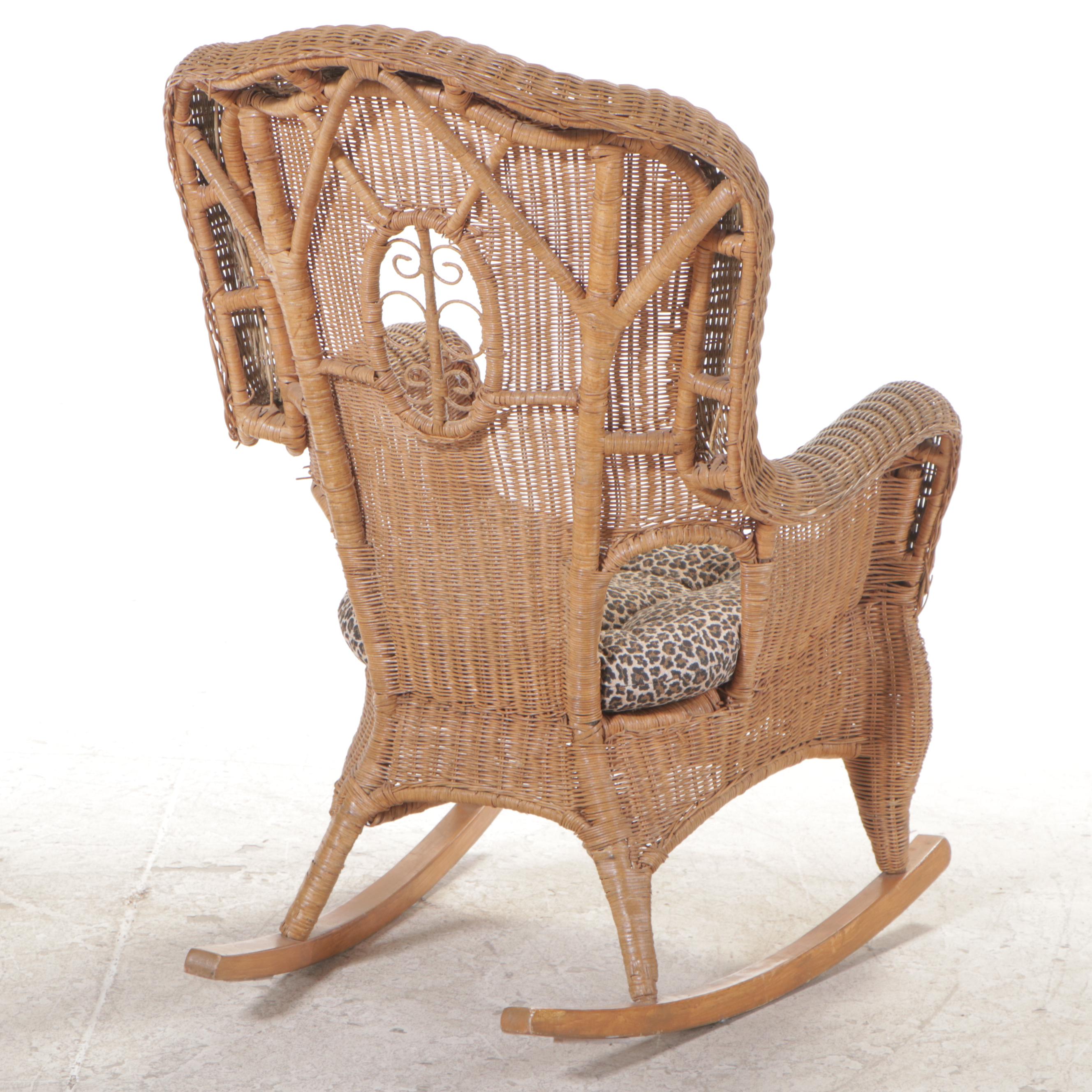 Victorian Style Wicker, Rattan, and Hardwood Rocker, Late 20th Century