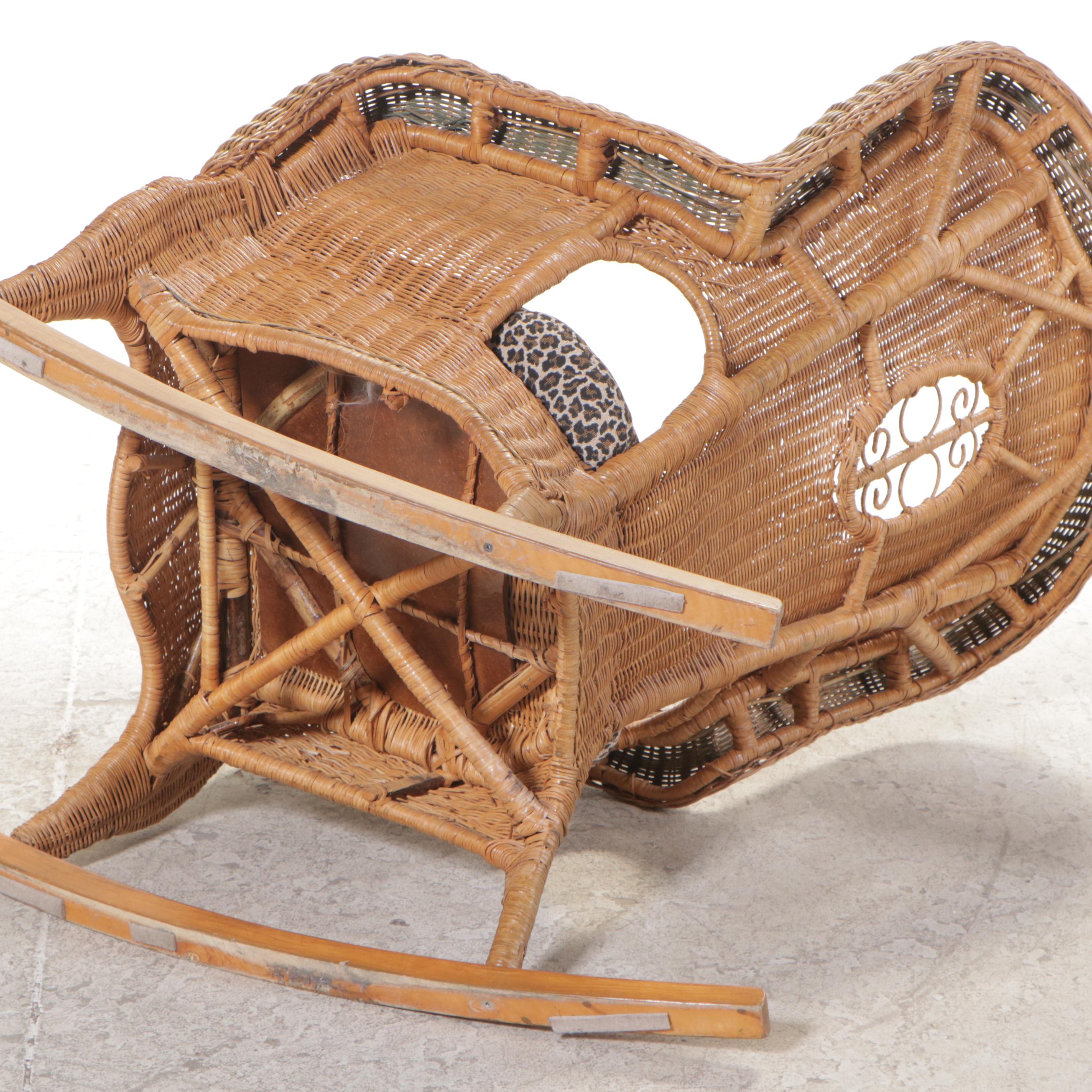 Victorian Style Wicker, Rattan, and Hardwood Rocker, Late 20th Century