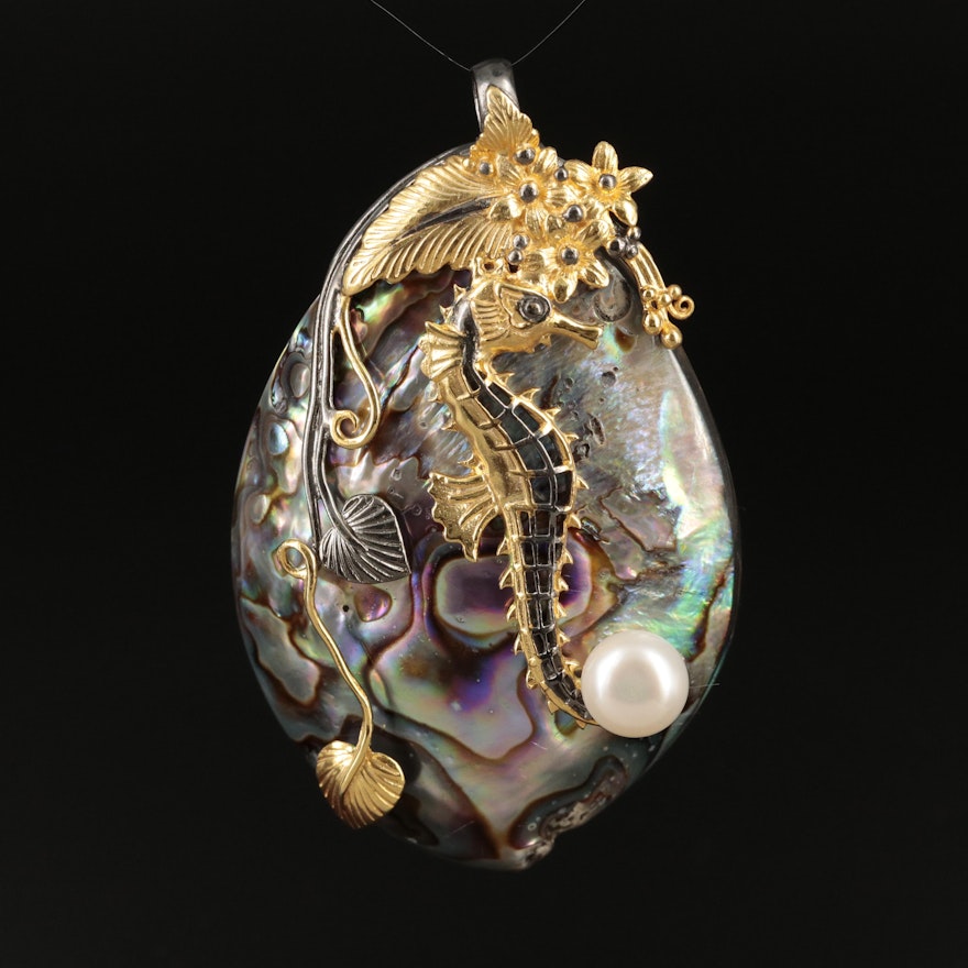 Sterling Abalone, Mother-of-Pearl and Pearl Seahorse Pendant