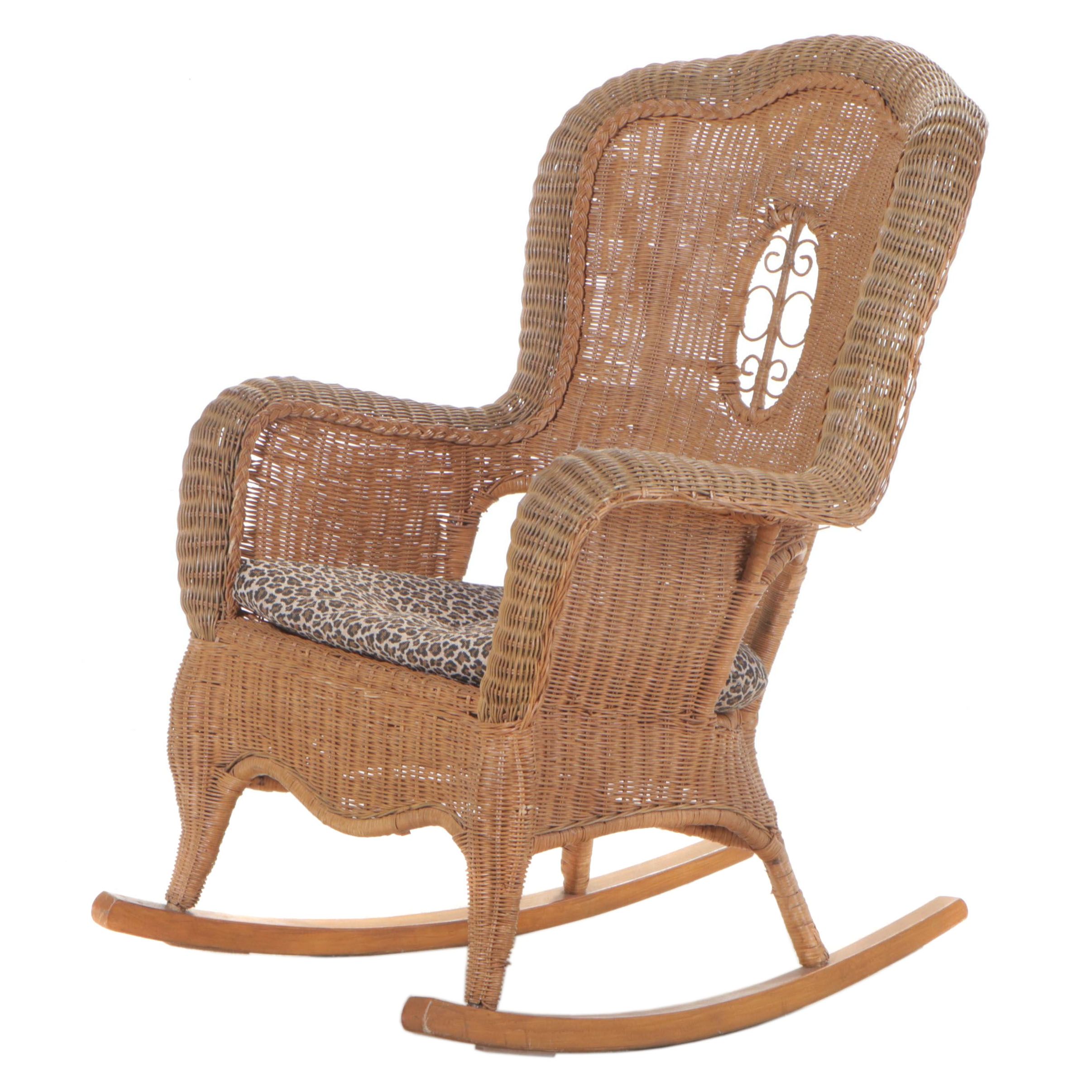 Victorian Style Wicker, Rattan, and Hardwood Rocker, Late 20th Century