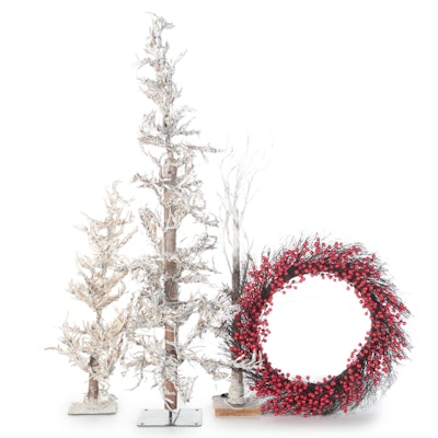 Three Christmas Trees With Red Berry Wreath
